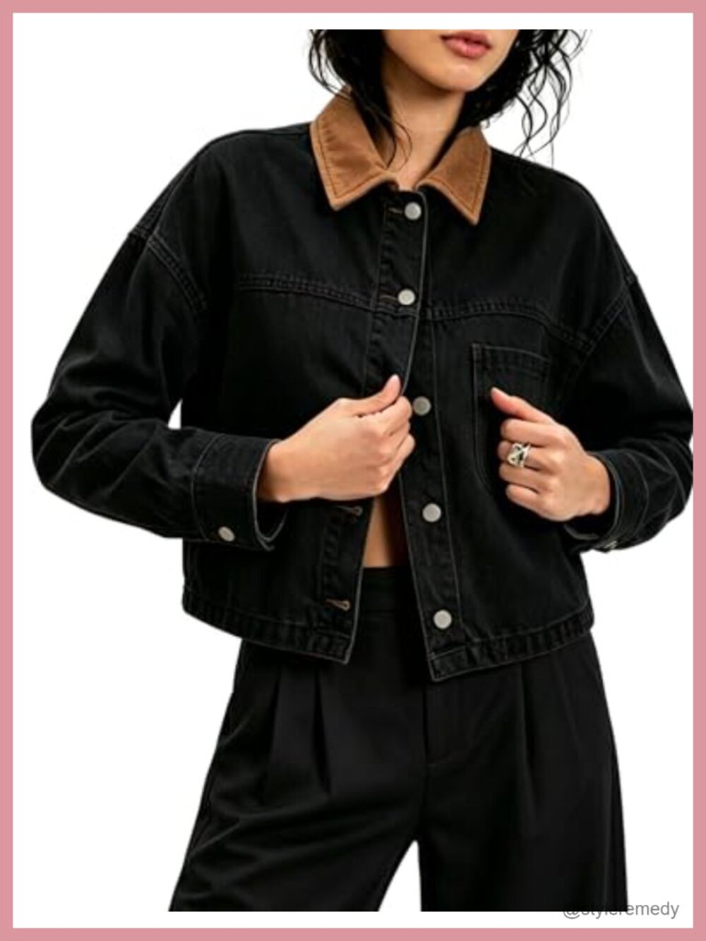 Cropped Oversized Denim Jacket Color Block Patchwork Long Sleeve Trucker Coat